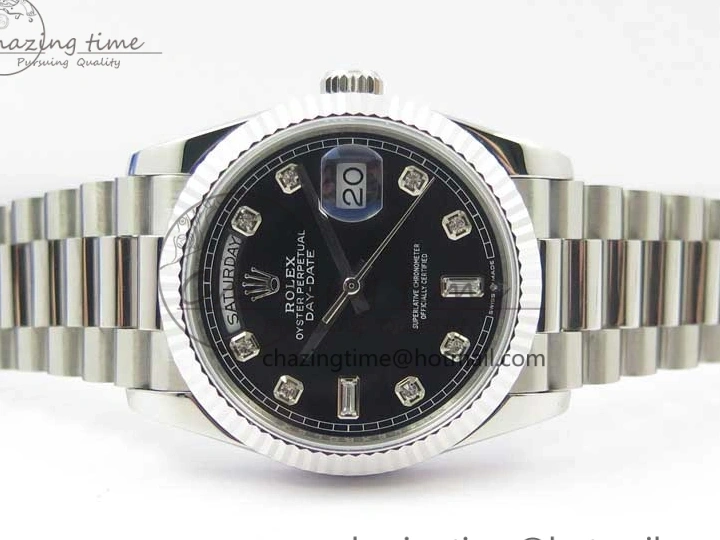 0415 TopPick Day-Date 36 SS 128239 Bp Maker Best Edition Black Dial Crystral Markers on President Bracelet 3149